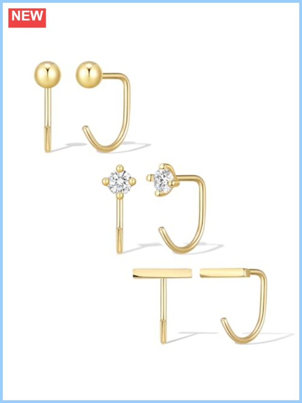 14K Gold Plated Brass Backless Half Hoop Earrings 3-Pair Set Hypoallergenic